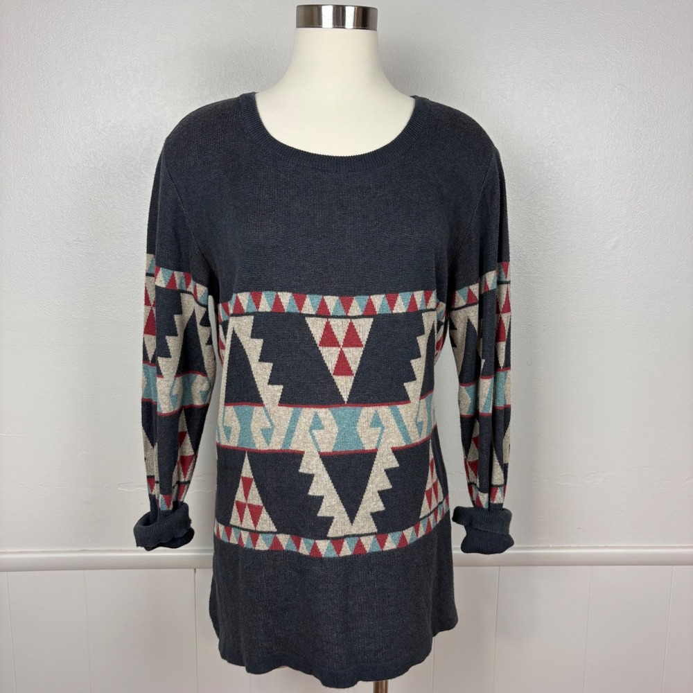 Peruvian Connection Womens Pima‎ Cotton Sweater Size L Southwestern Tribal Gray
